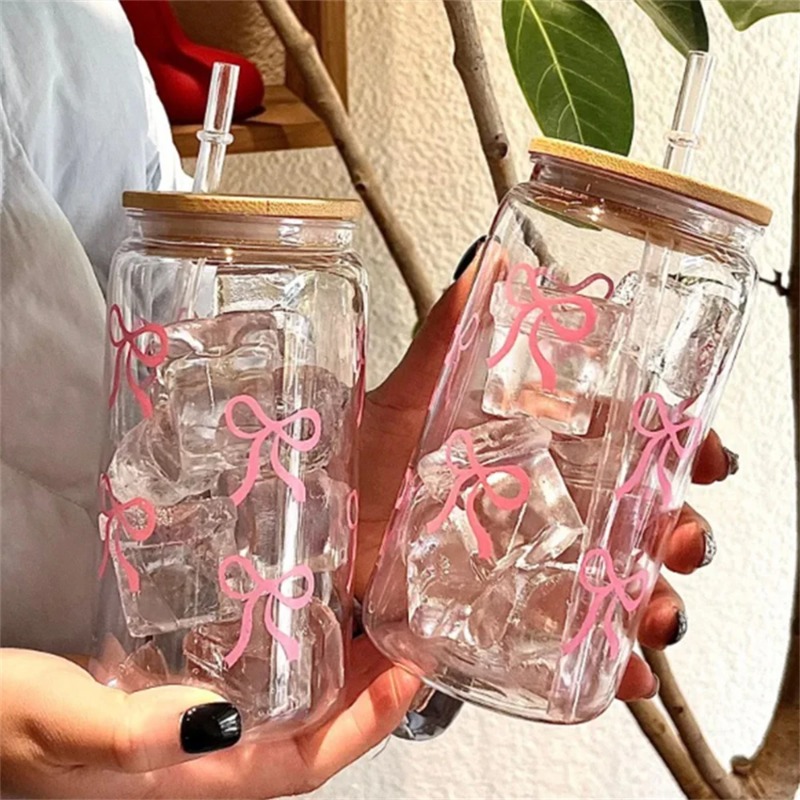 Training Cup Straw - 귀여운 리본 유리컵 500ml 텀블러 메이슨자