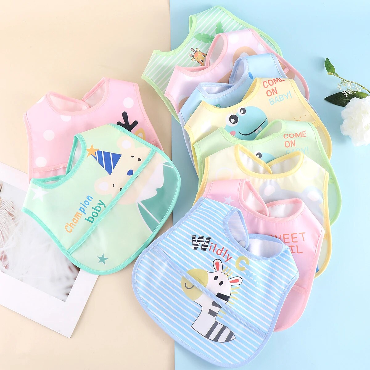 Baby Food Apron - 만화 동물 방수 턱받이, 아기, 여아,