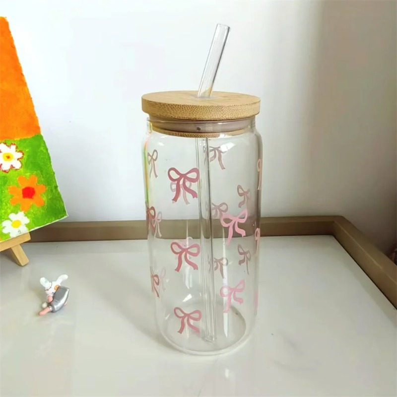 귀여운 리본 유리컵 500ml 텀블러 메이슨자 모양 병 - Training Cup Straw 리뷰 및 가격