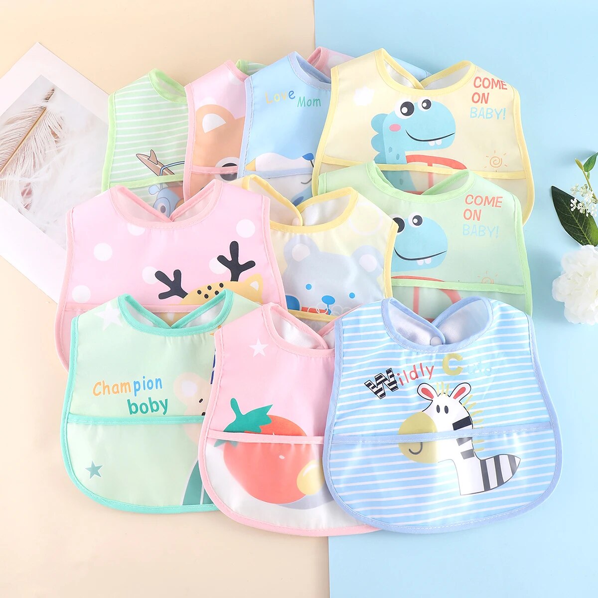만화 동물 방수 턱받이, 아기, 여아, 남아, 유아,  - Baby Food Apron 리뷰 및 가격